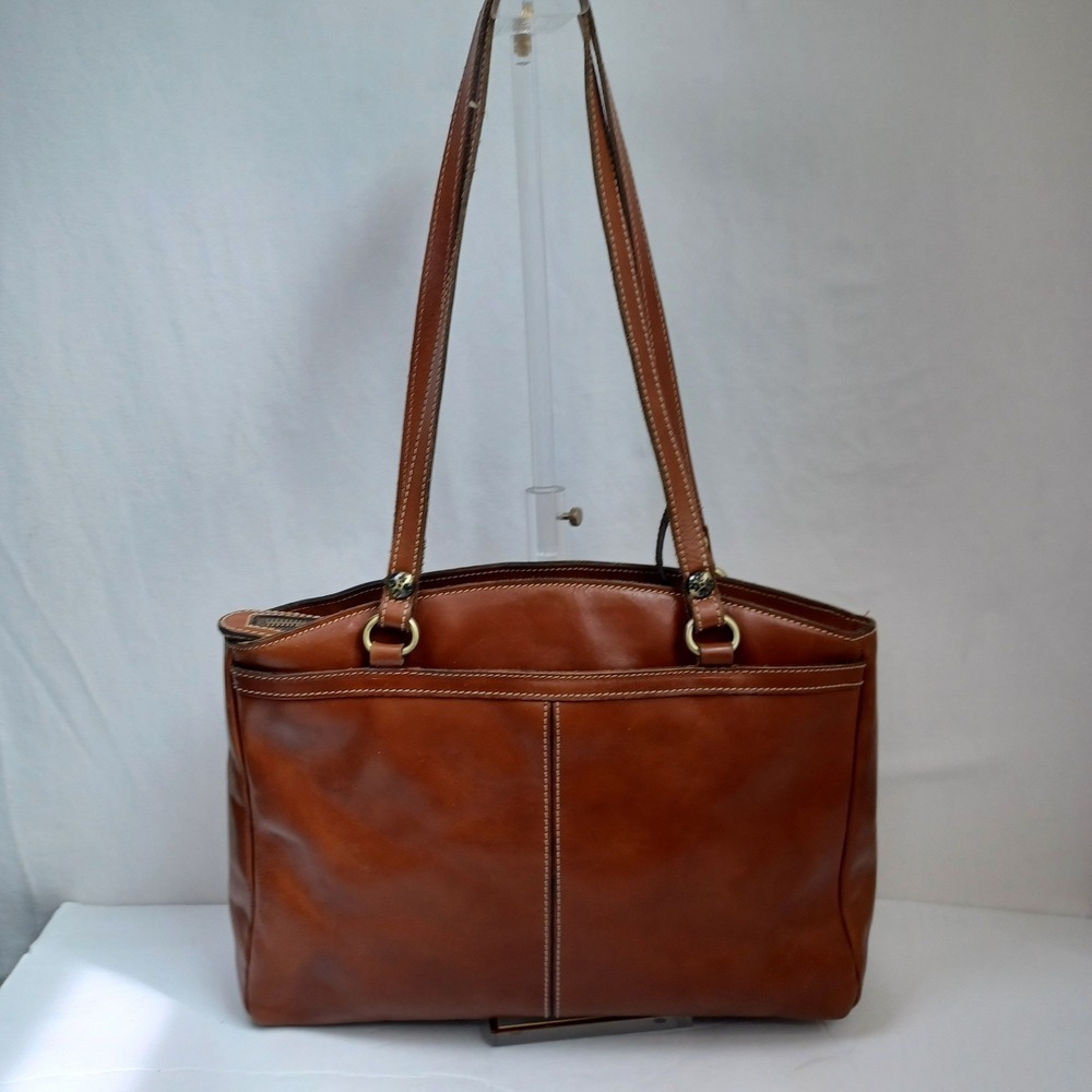 Patricia Nash Cognac Leather Tote Bag‎ Front Zip Contrast Stitching Brown - Picture 4 of 16
